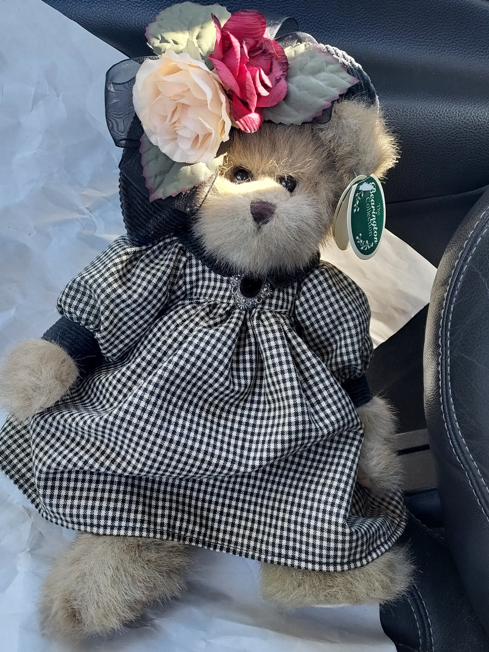 Classic Plush Teddy Bear in Black & White Gingham Dress with Floral Hat